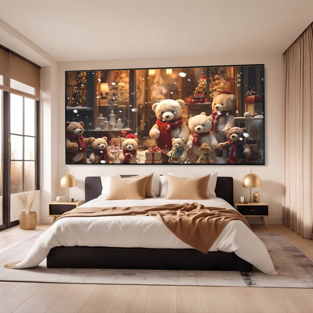 Tablou canvas cu tablou canvas cu ursuleti de craciun, in rama de aluminiu negru, pe perete intr-un dormitor